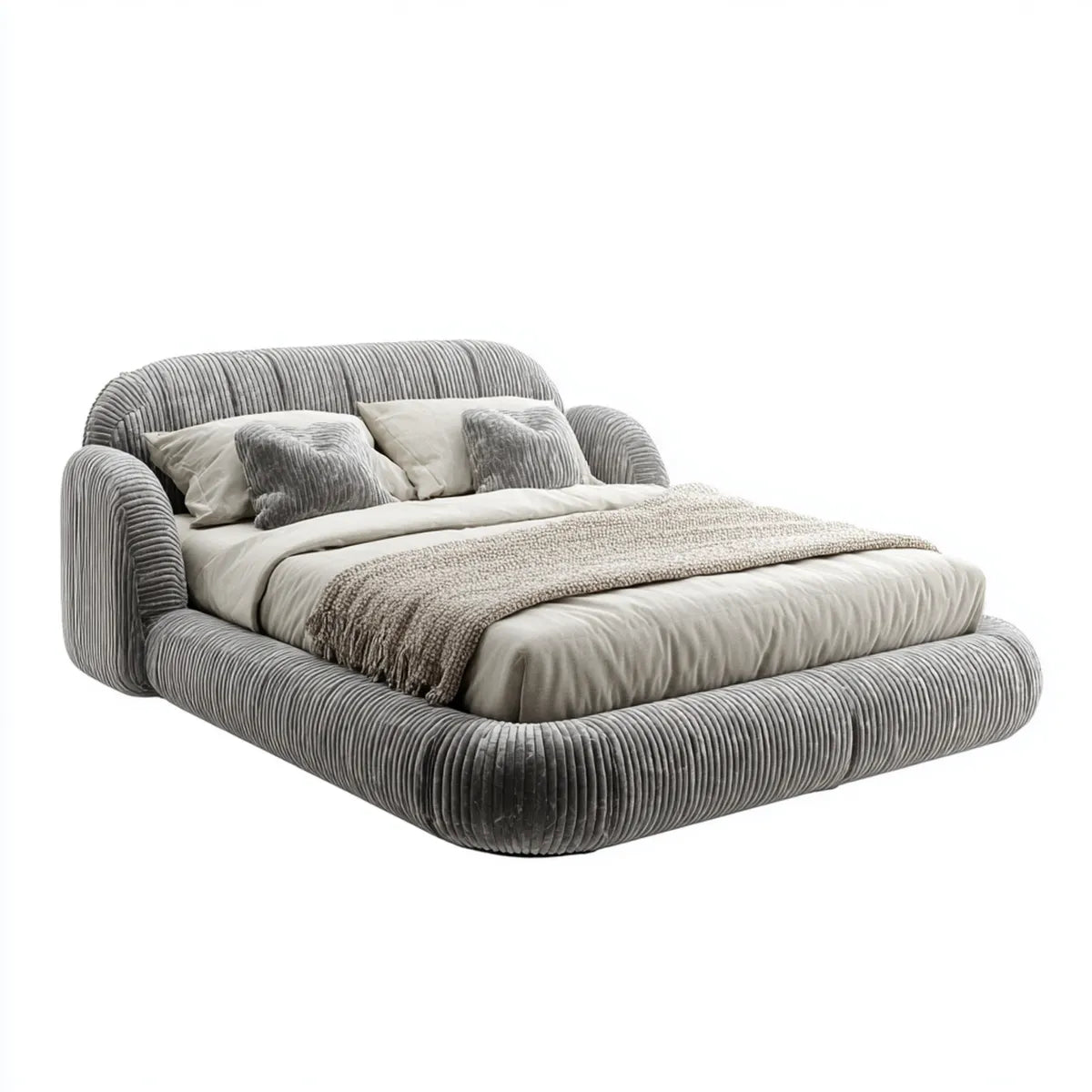 Letto matrimoniale imbottito grigio 160 x 200 cm in velluto a coste con testiera e giroletto arrotondati
