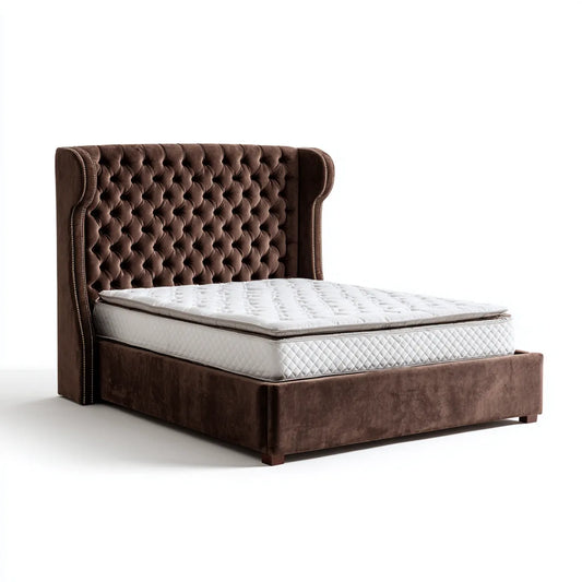 Set letto matrimoniale marrone 180 x 200 cm in velluto di poliestere rettangolare con testiera capitonné e materasso