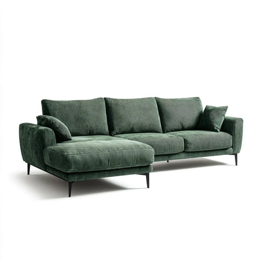 Divano angolare 3 posti con chaise longue sinistra verde 260 x 160 x 85 cm in velluto a coste di poliestere con imbottitura in schiuma poliuretanica