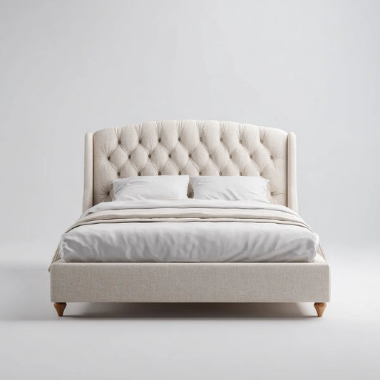 Letto matrimoniale imbottito beige 160 x 200 cm in poliestere con testiera capitonné rettangolare